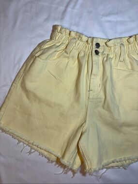 Princess Polly Butter Yellow Denim Raw Hem Elastic Ruched Waist Paper Bag Shorts